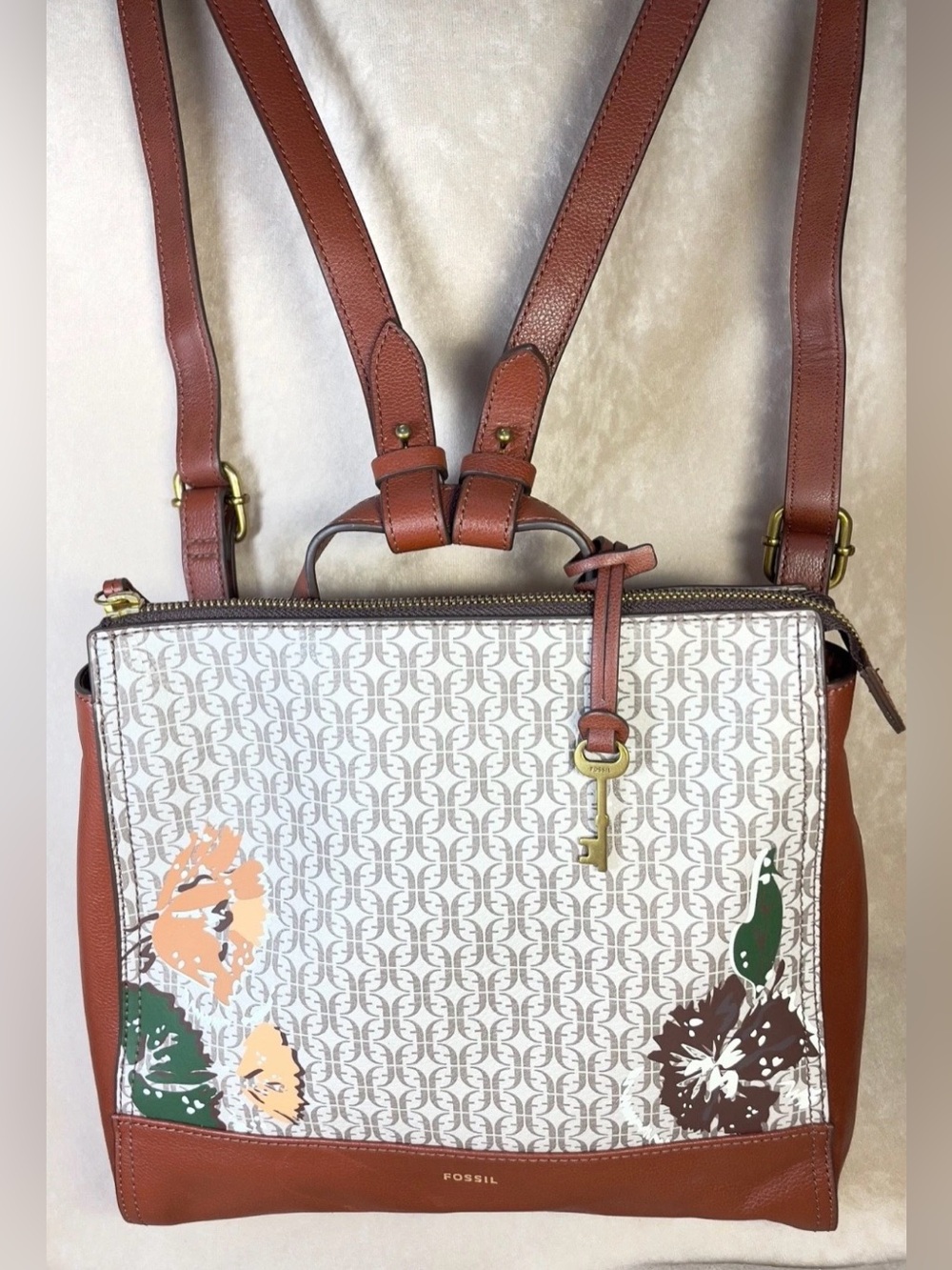 NWOT Fossil Parker Brown Leather Embroidered Convertible Backpack/ Purse